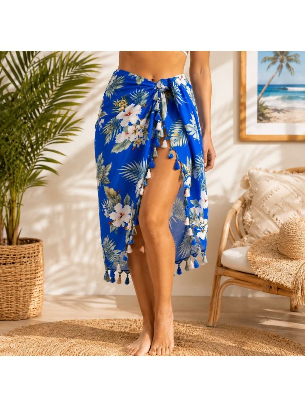 Rima Hawaiian Sarong Royal Hibiscus Tropical Beach Wrap Tassel Fringe Cover Up